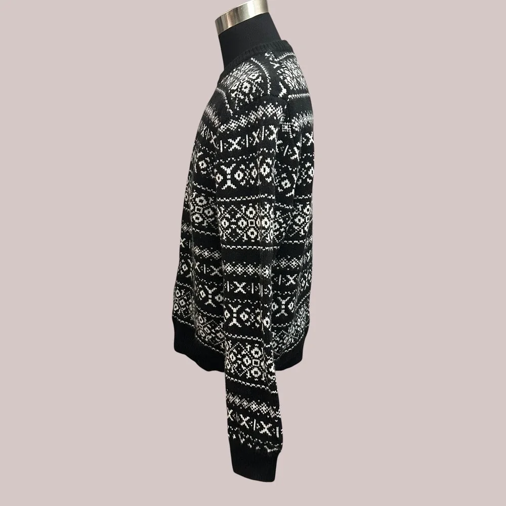 Brooks Brothers Black Crewneck Fair Isle Knit Sweater Extra fine Merino Wool XL